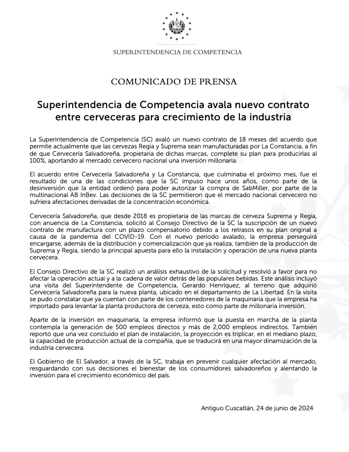 Comunicado SC avala nuevo contrato entre cerveceras