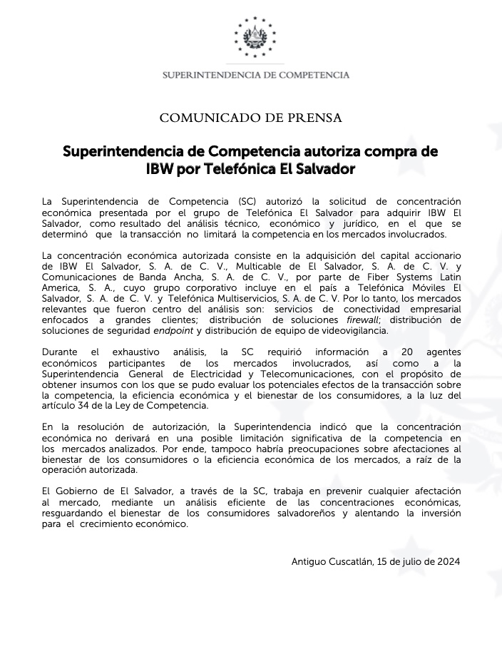 Superintendencia de Competencia autoriza compra de IBW por Telefónica El Salvador